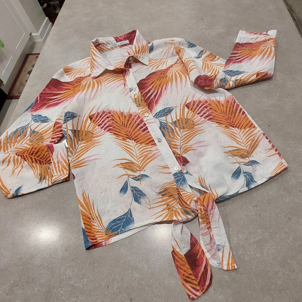 COCO & tashi Women's Palm Leaf Print Button Down L/Sleeves Blouse Tie Front S/P
